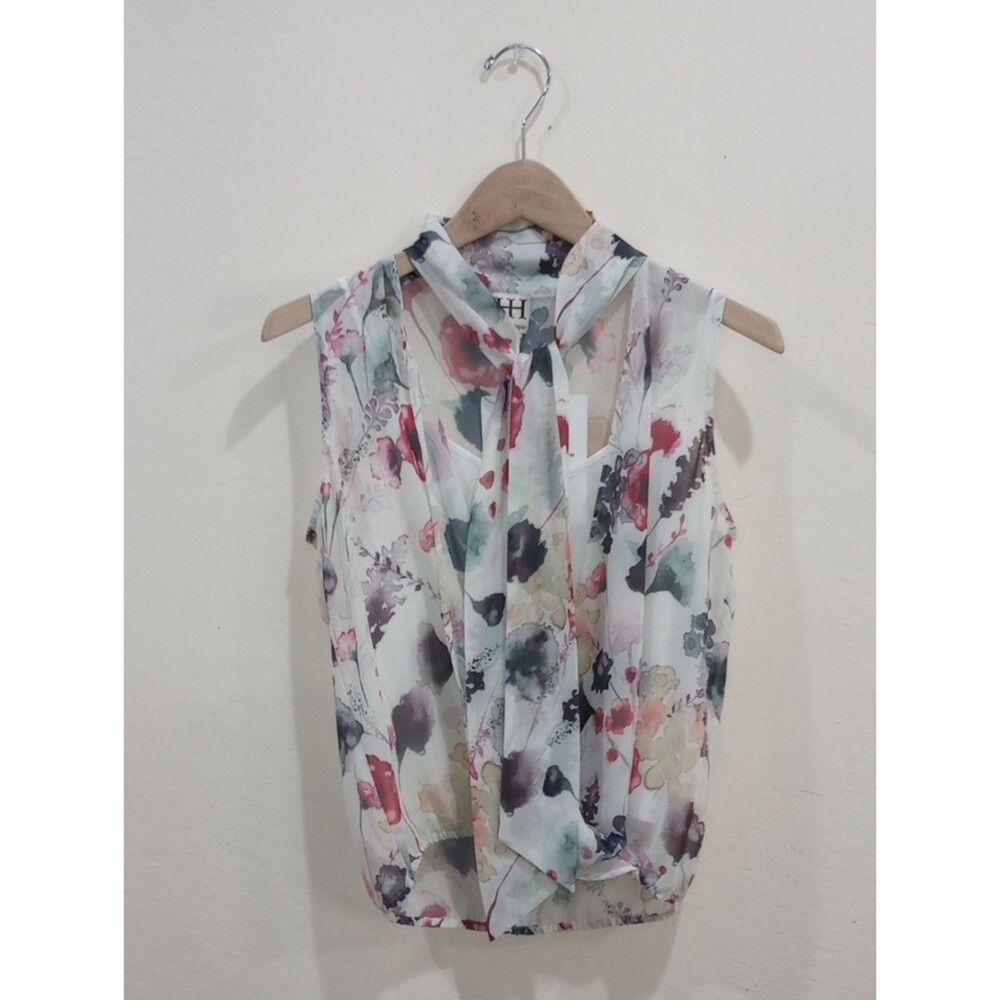 Haute Hippie Watercolor Floral Print Sleeveless  Bow Tie Blouse With Cami -  S